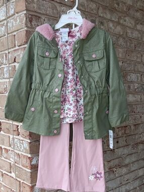 Girls' Sparkily Green Hooded Jacket with Pink Trim, 3 Piece Outfit